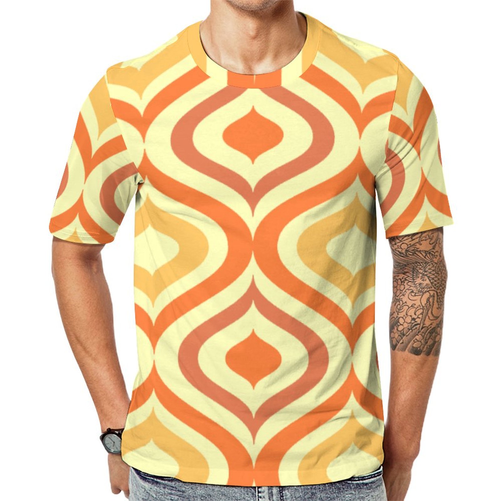 Hip Sunny Yellow Coral Orange White Ogee Waves Art Short Sleeve Print Unisex Tshirt Summer Casual Tees for Men and Women Coolcoshirts