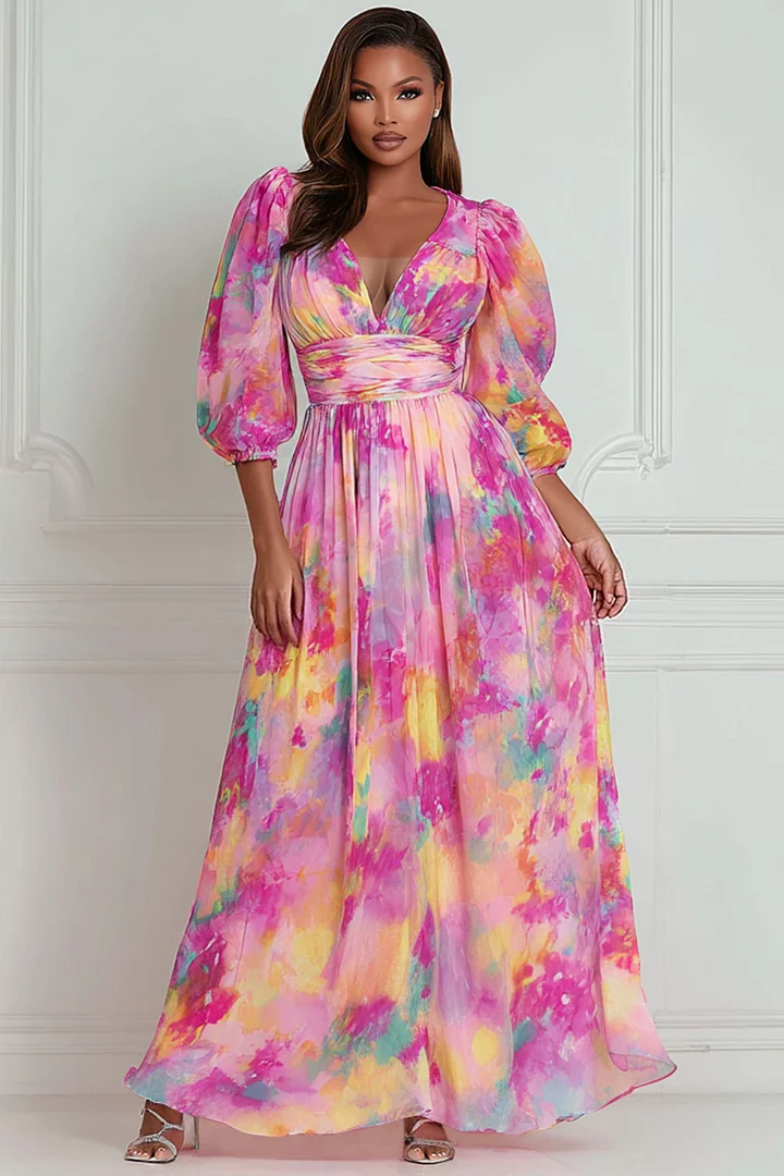 Xpluswear Design Plus Size Wedding Guest Pink Floral V Neck Puff Sleeve Half Sleeve Chiffon Maxi Dresses 2024 - Xpluswear