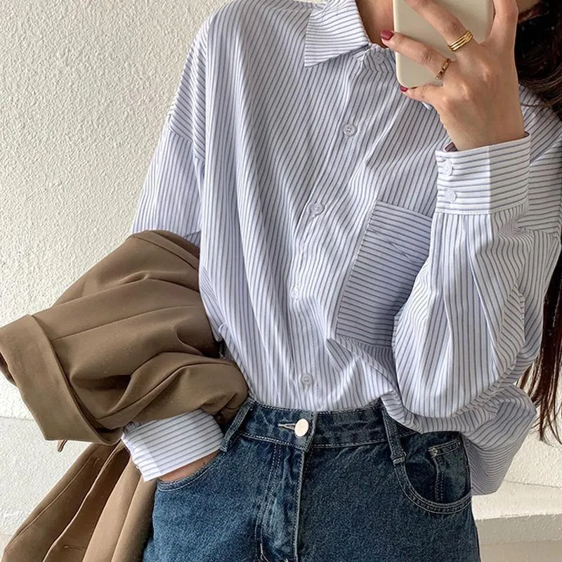 Uveng Uveng New Spring And Autumn Korean Version Of The Loose Salt Long-Sleeved Striped Shirt Women Wear Retro Hong Kong-Style Tops