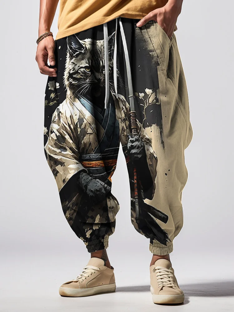 Men's Samurai Cat Art Print Casual Sweatpants