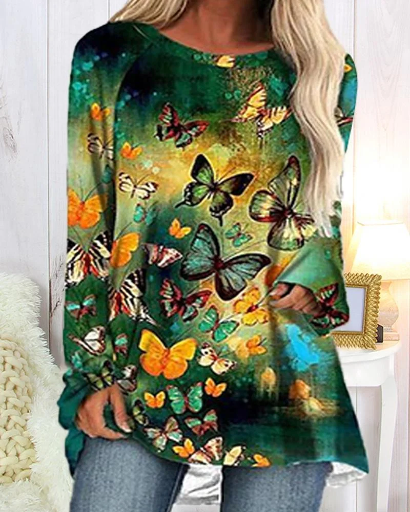Butterfly Pattern Round Neck Soft Top