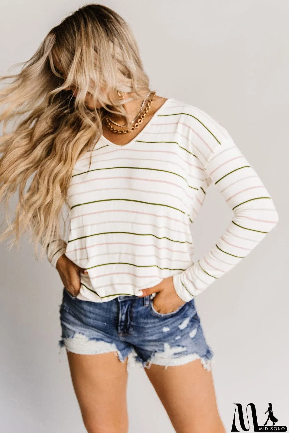 MidiSono - Long Sleeve V Neck Striped Print Top