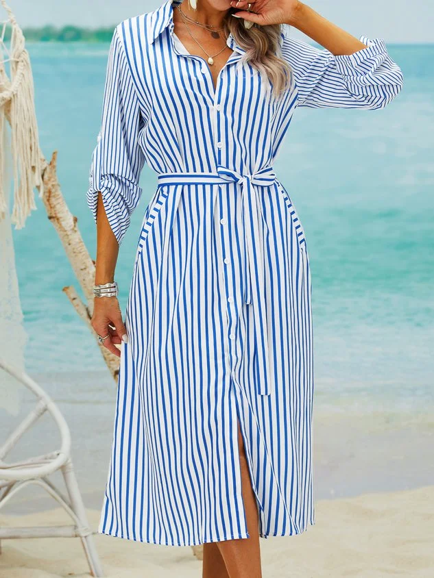 Summer Striped Lady Shirt Collar Long Sleeve Woven beach dresses
