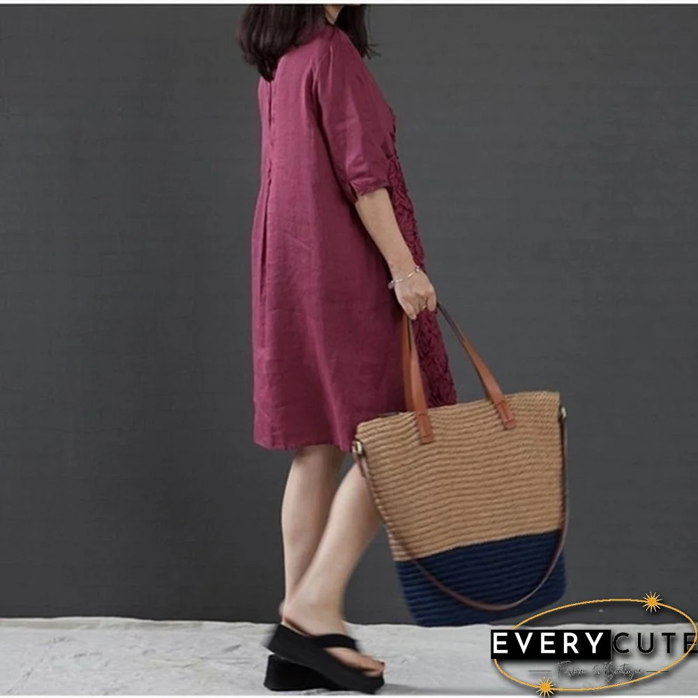 Women Fashion Summer Style T -shirt Loose Cotton Embroidered Casual Dress Plus Size Ladies Linen Dress