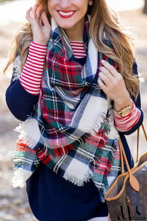 MidiSono - White Plaid Blanket Scarf