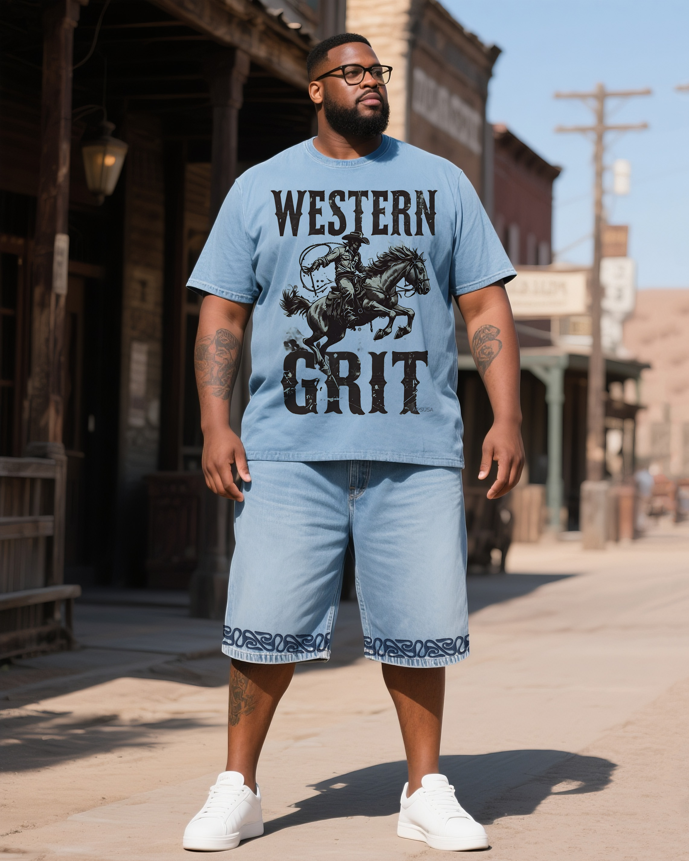 Big & Tall Men's Western Printed Short Sleeve Shorts Denim Suit