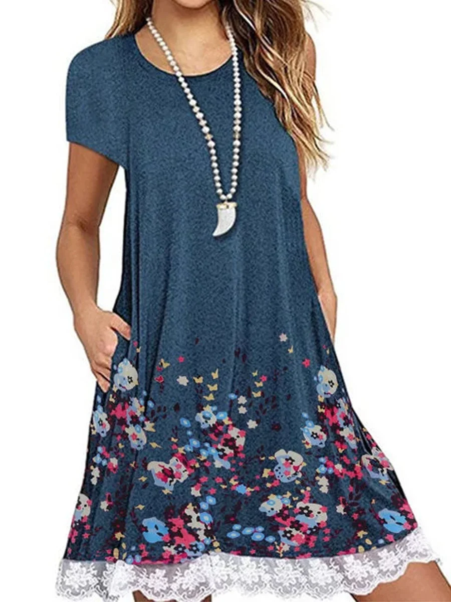 Lace Panel Round Neck Short Sleeve Print Dress