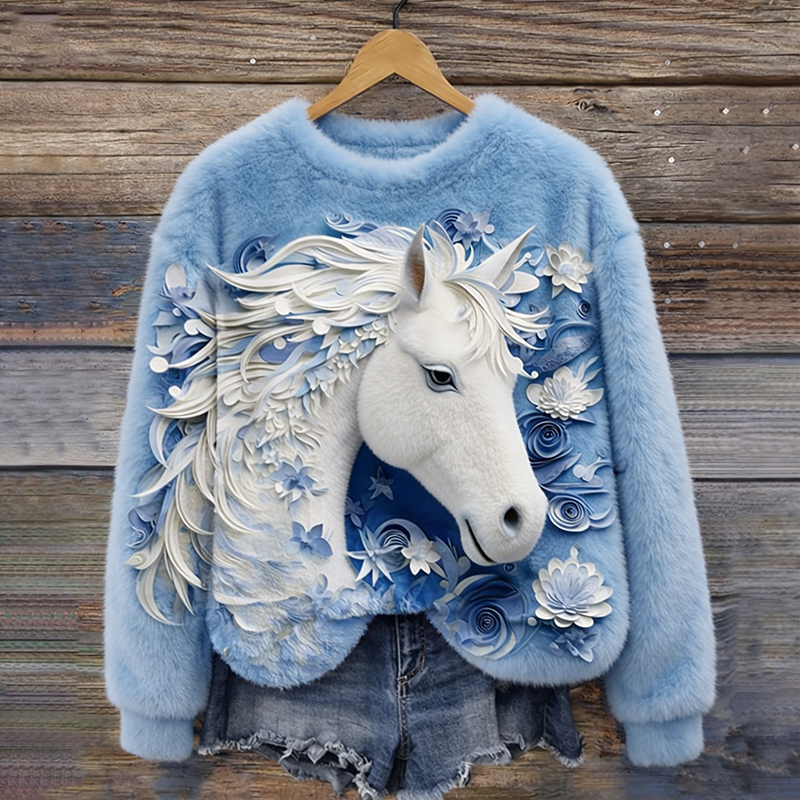 Women's Retro Western Horse Art Pattern Flannel Sweatshirt wearshes
