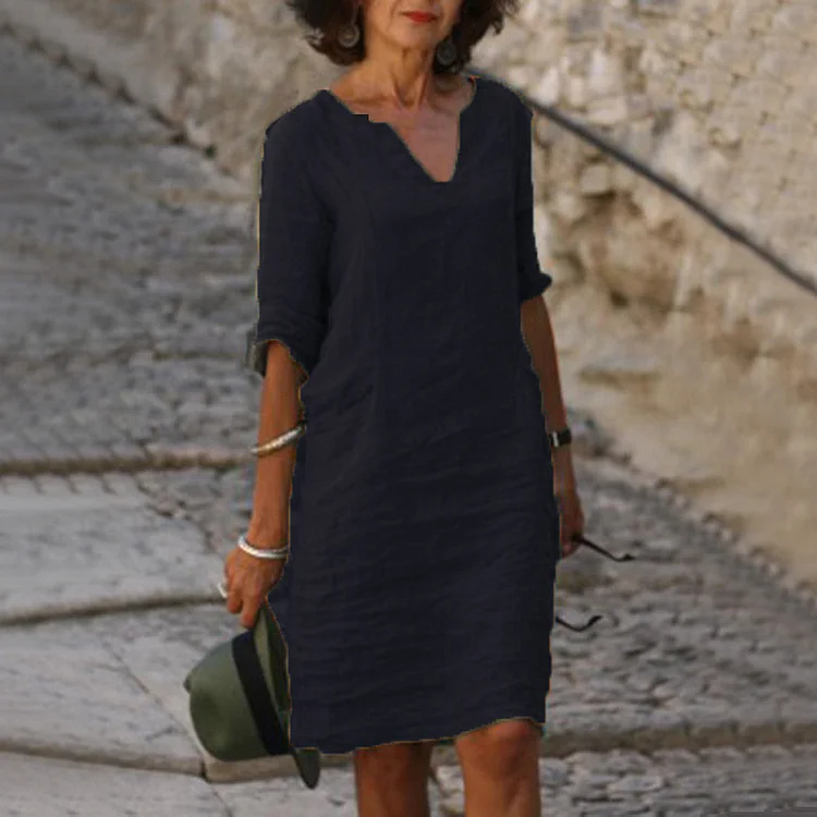 Vintage Fashion V-neck Cotton Linen Casual Dress