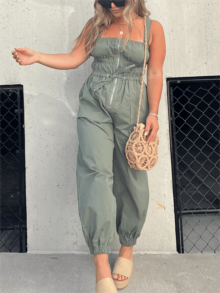 RUCHED ELASTIC FRONT ZIPPER JUMPSUIT (BUY 2 FREE SHIPPING)