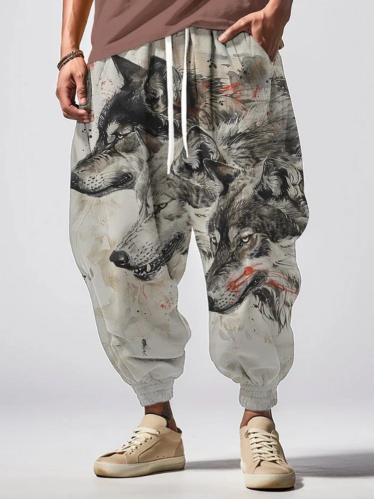 Men's Retro Wolf Ink Painting Art Print Casual Sweatpants