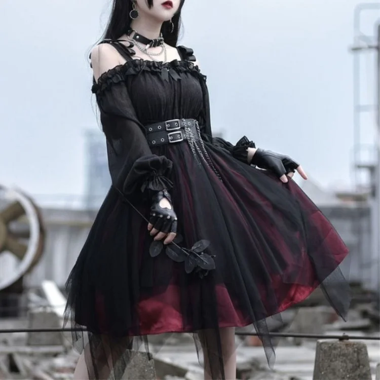 Lolita Steampunk Military Off Shoulder Long Sleeve Lace Dress