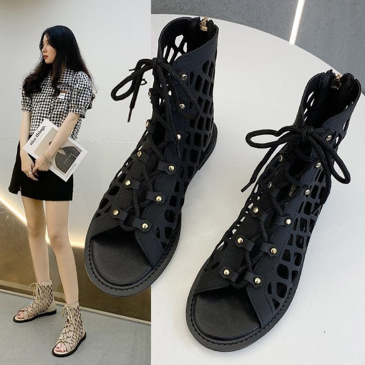 Mesh Boots Women 2021 Summer Internet Hot Sandals Roman Style Hollow-out Flat Fish Mouth Retro High Top Sandal Boots zapatillas