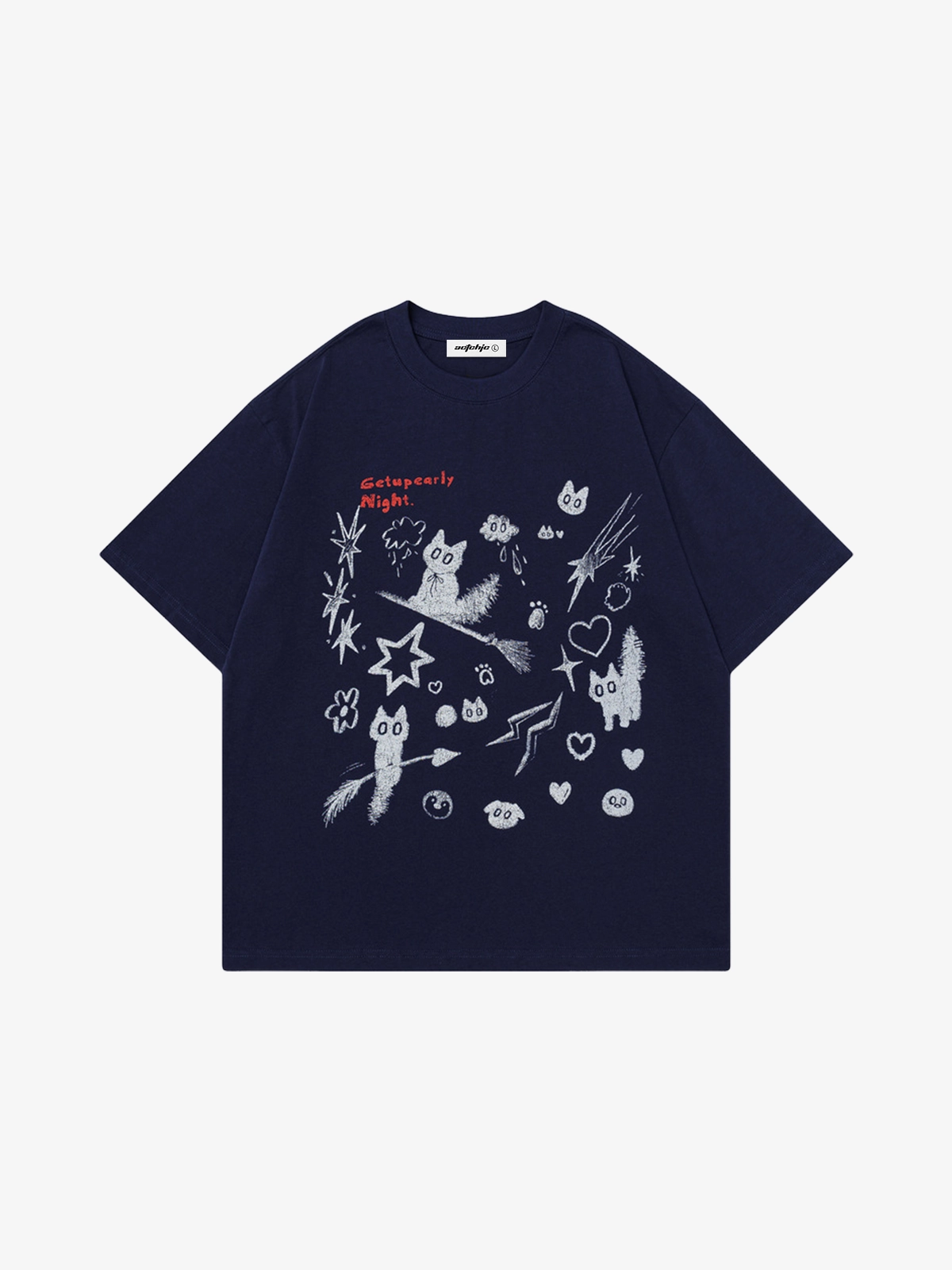 Dark Blue Act Chic Cat Graffiti Graphic Tee Front