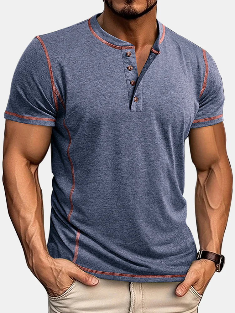 Men's Simple And Comfortable Solid Color Crew Neck Henley Shirt