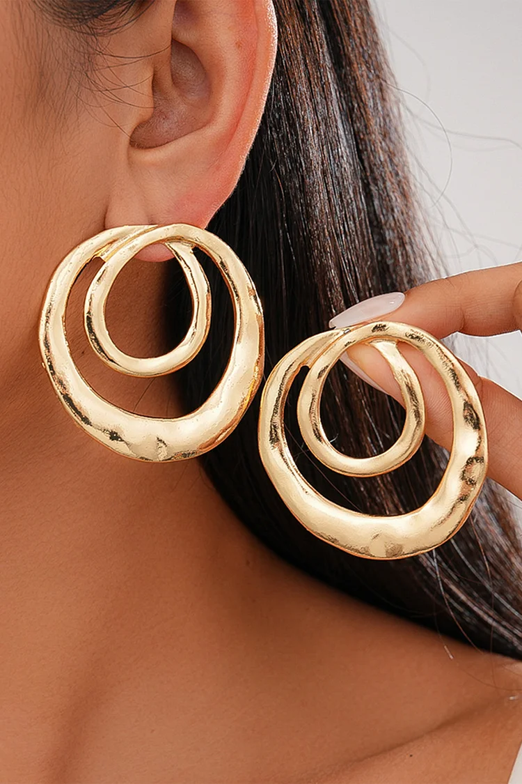 Casual Gold Metallic Sheen Double-Layered Round Hollow Earrings 2024 - Xpluswear