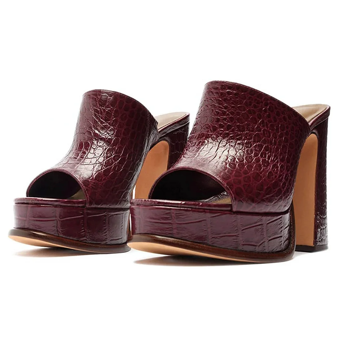 Maroon Open Toe Crocodile Embossed Chunky Heel Platform Slide Sandals