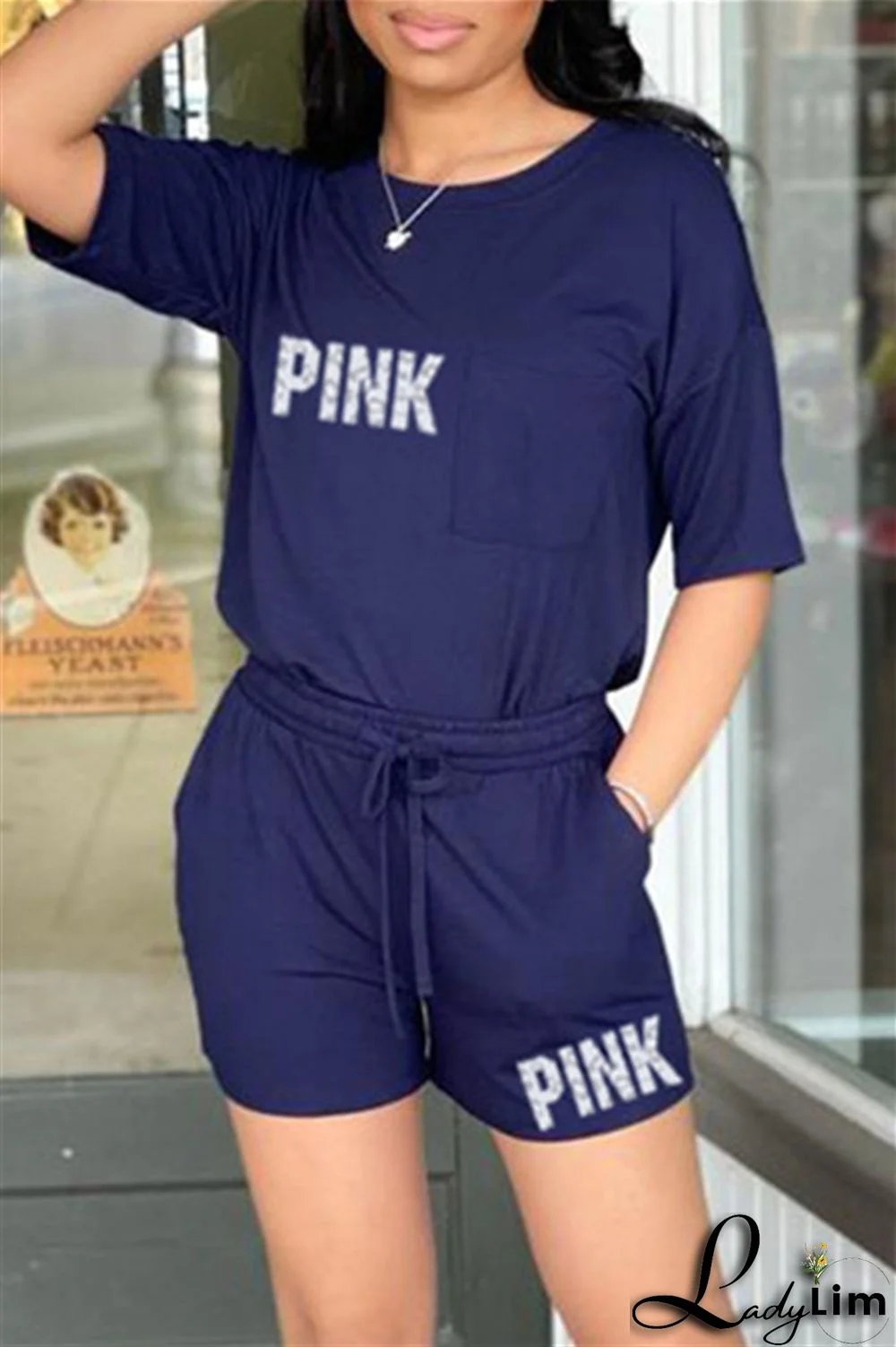 Black Fashion Casual Letter Print Patchwork O Neck Short Sleeve Two Pieces