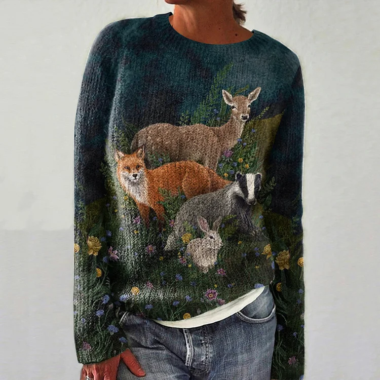 Lässiger Winterpullover mit Fuchs- und Elchkunst für Damen