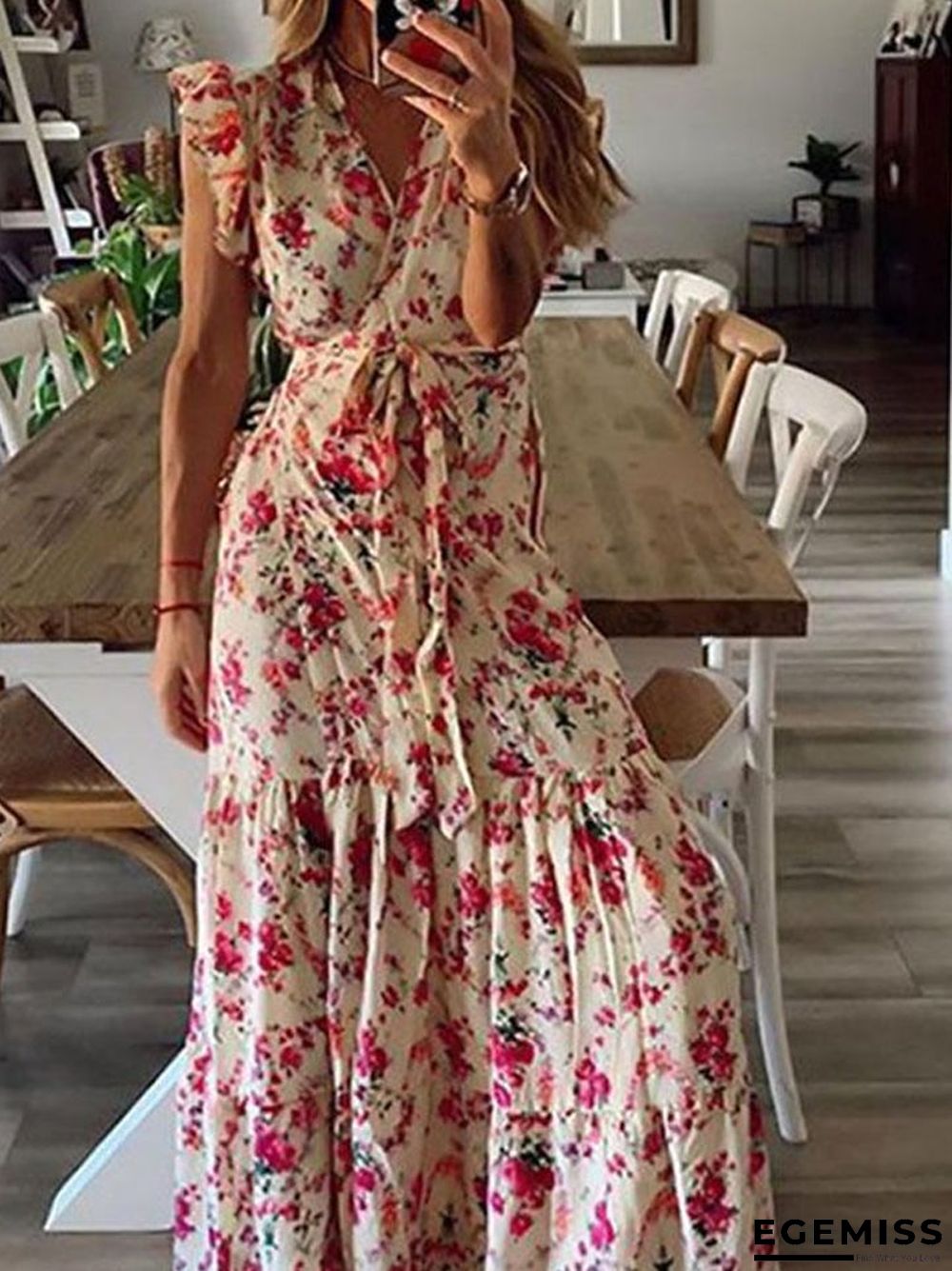 Bohemian Floral Print Cross Front V-neck Ruffled Maxi Dress | EGEMISS