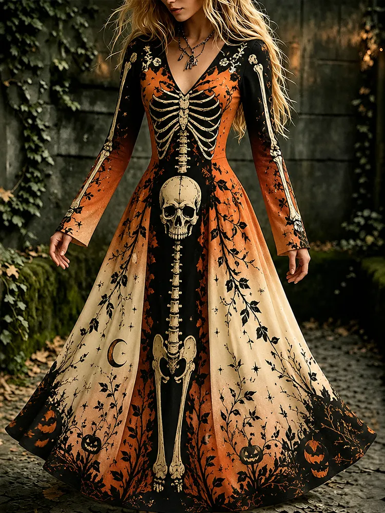 Women's Casual Long Sleeve V-neck Gradient Maxi Dress In Black And Orange With Skeleton, Vines, And Jack-o'-lanterns Print artswardrobe