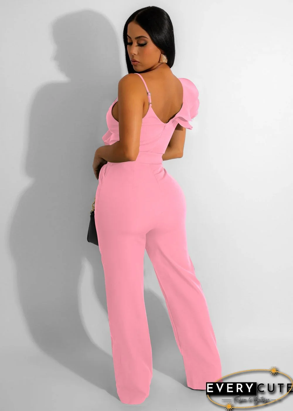 Fashion Ruffled Sleeveless Waist Deep V Loose Jumpsuit