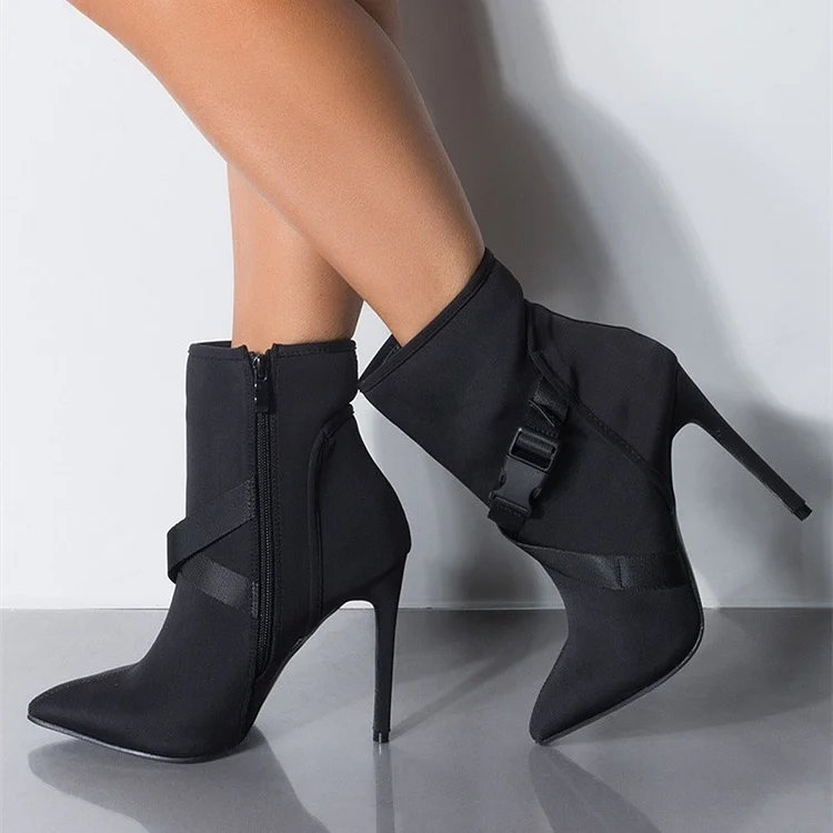 Black Buckle Stiletto Heel Ankle Booties |FSJ Shoes