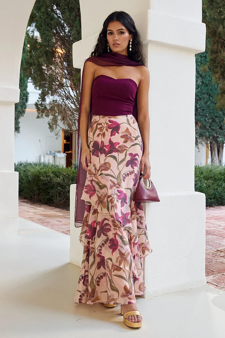 Strapless Cinch Waist Floral Print Maxi Dresses-Purple [Pre Order]