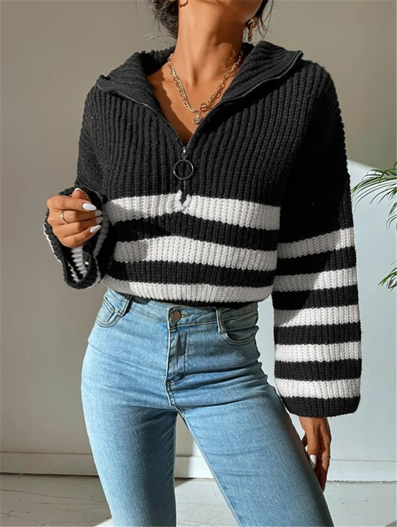 Athvotar Athvotar 2025 New Striped Collar Knitting Knitting Sweater Outside The Female
