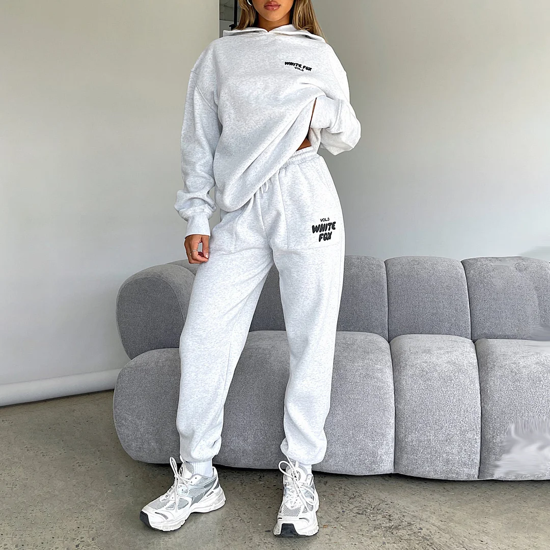 Fashion Sports LOGO Long Sleeve Pullover Hooded Sweatshirt Two Piece Set