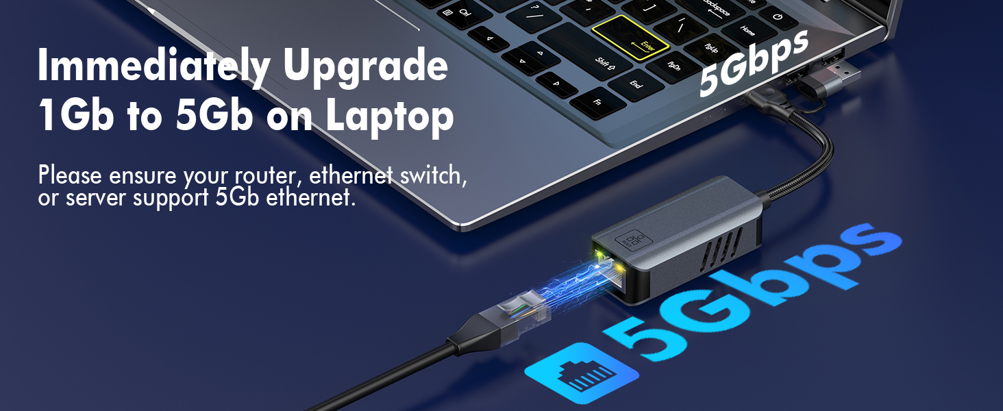 This USB-C to RJ45 network adapter provides a 5Gbps wired network connection for your laptop.