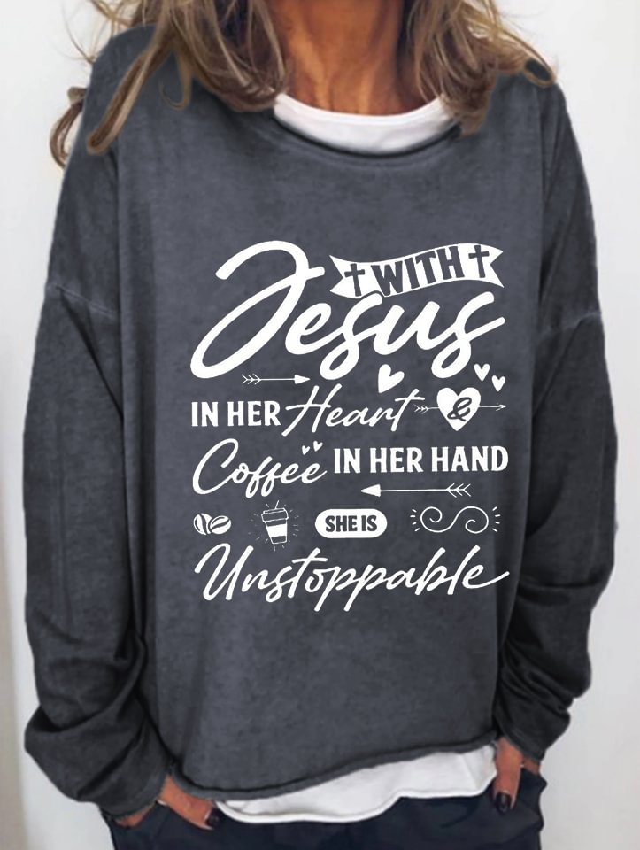 Jesus In Her Heart Coffee In Her Hand Printed Funny T-shirt