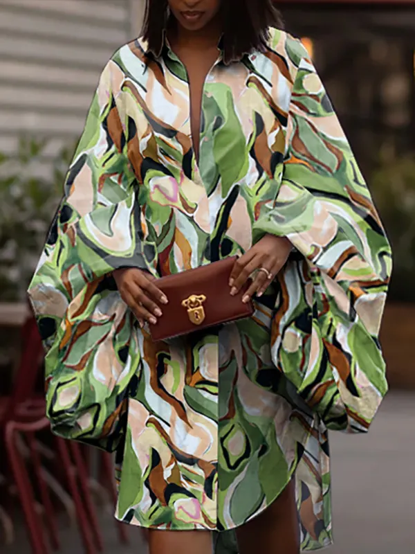 Printed Shirred Sleeve Buttoned Front Midi Dress with Sash main image 0