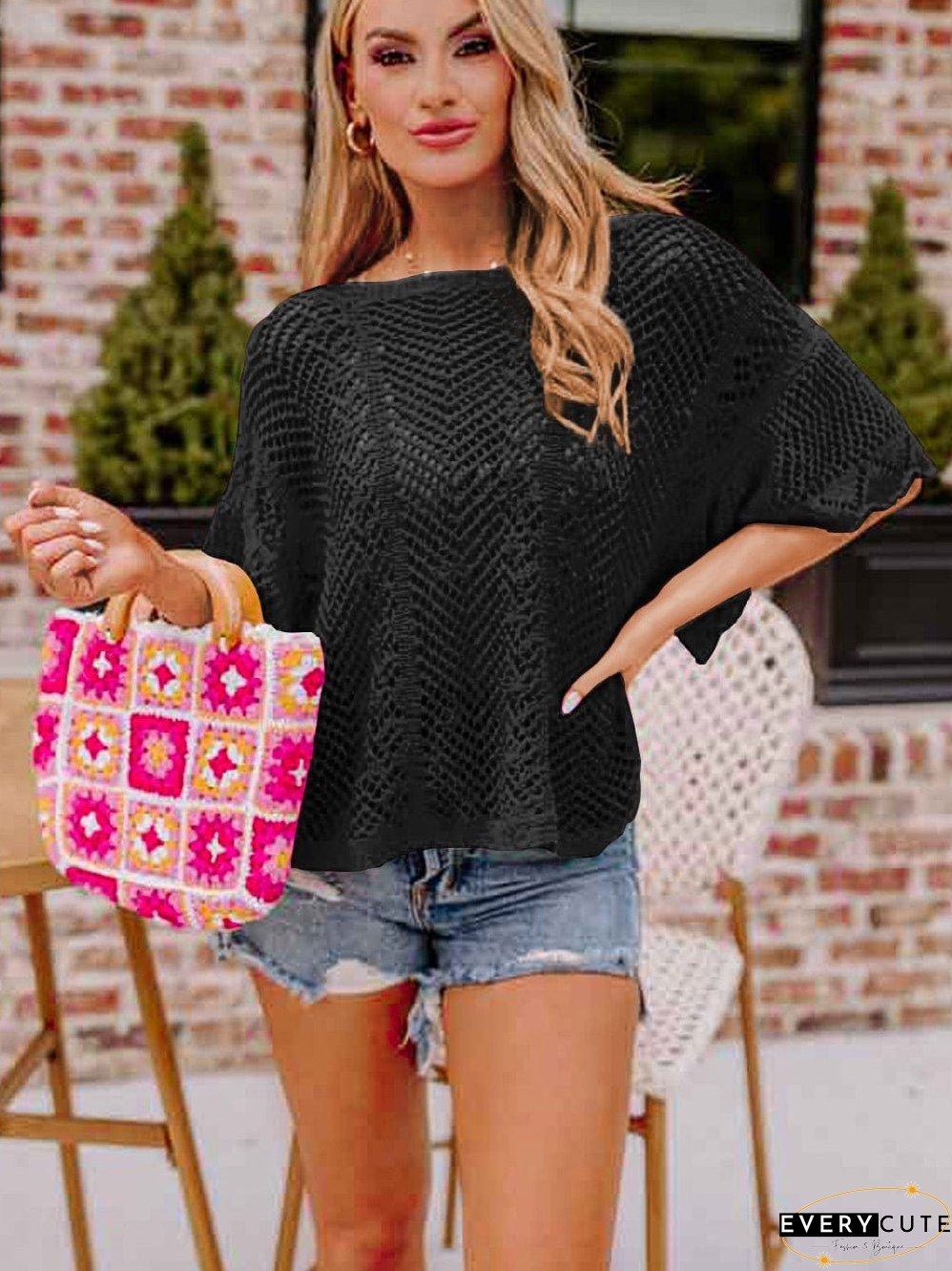 Pointelle Knit Black Scallop Trim Short Sleeve Top