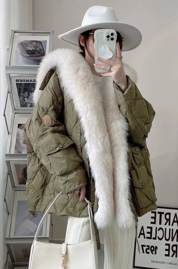 Stylish Green Removable Fur Collar Oversized Duck Down Puffers Jackets Winter