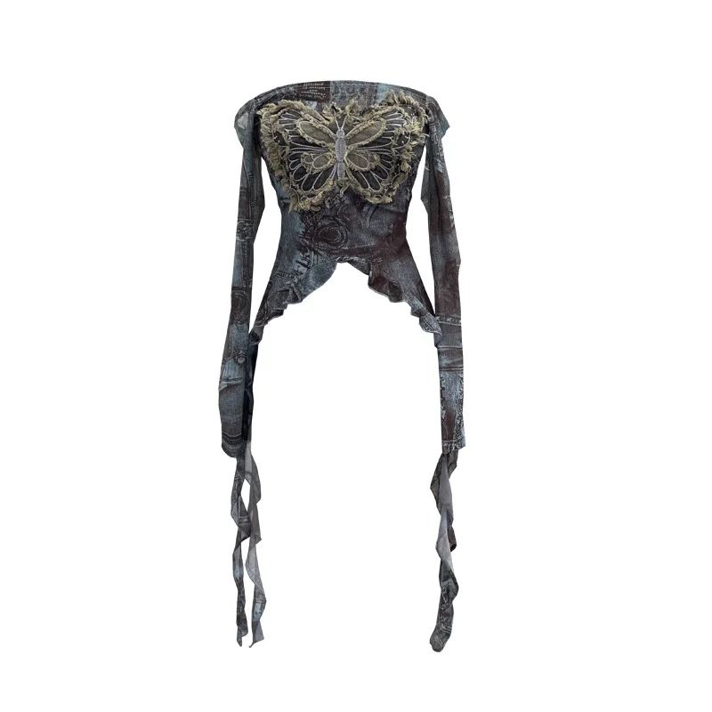 Nigikala Nigikala Shot Raging Butterfly Embroidery Y2k Babes Punk Word Shoulder Tie-Dye Mesh T-Shirt With Short Top 1319