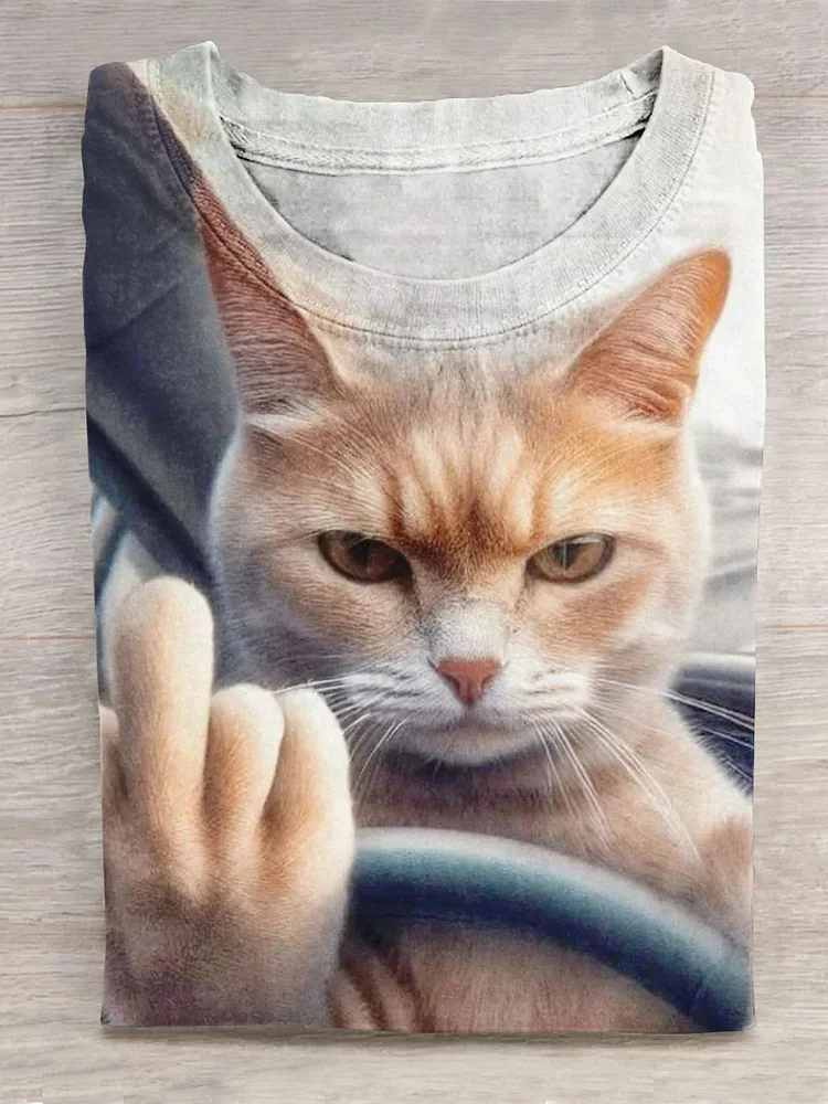 Teecade Teecade Funny Cat Driver Print T-shirt