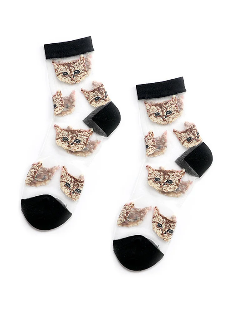 Casual All Season Cat Cotton Embroidery Lightweight Breathable Standard Over The Calf Socks For Women