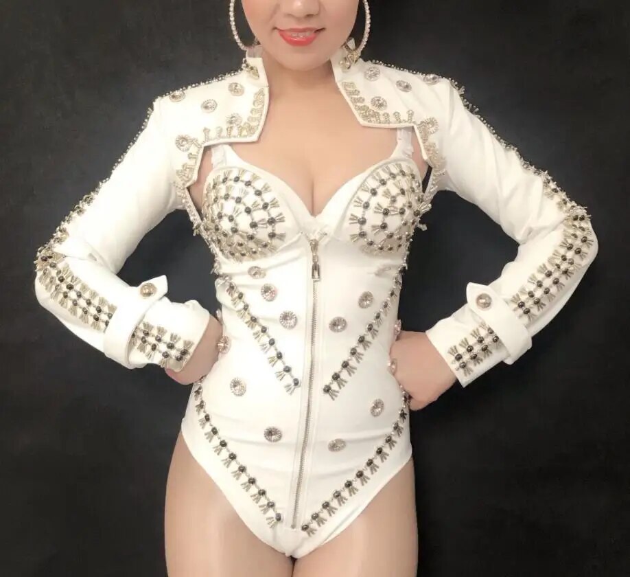 VCSHOES Black White Leather Rivet Bodysuit Short Coat Dance Outfits Bar Nightclub Women Singer Dancer Modern Dance Performance Costumes