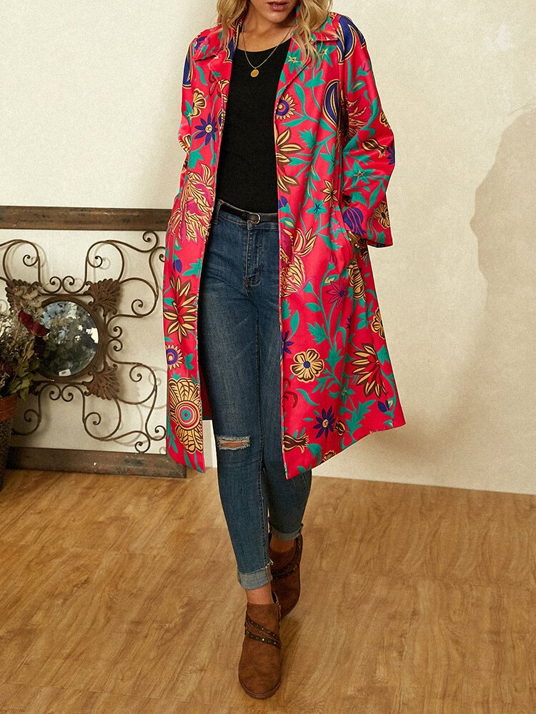 Floral Printed Long Sleeve Turn-down Collar Coat for Women