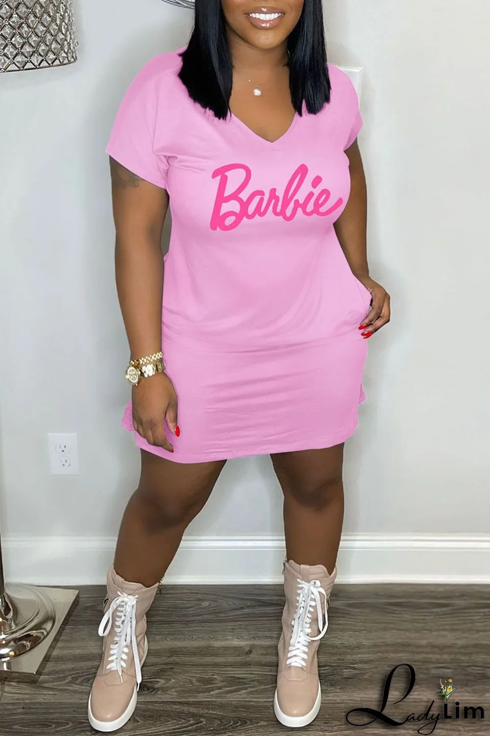 Pink Casual Print Patchwork V Neck Straight Dresses