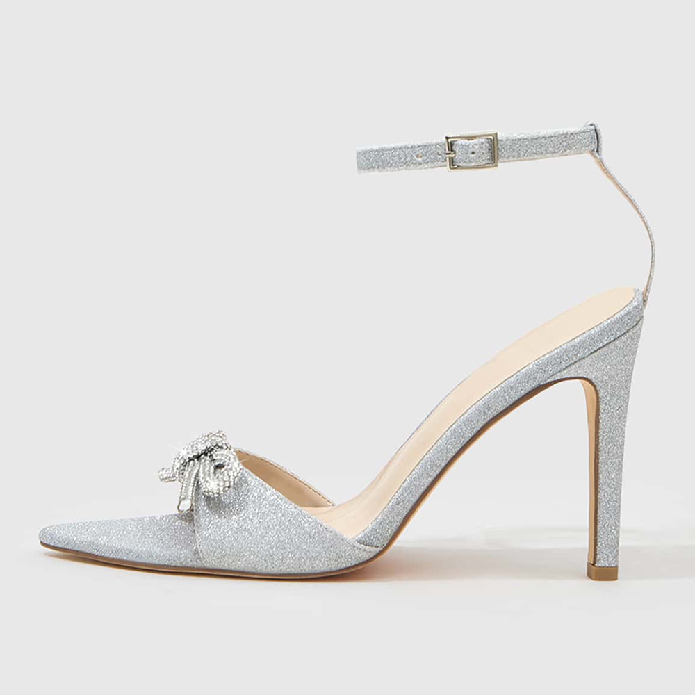 Gray Glitter Pointed Toe 4'' Stiletto Heel Ankle Strap Sandals Nicepairs