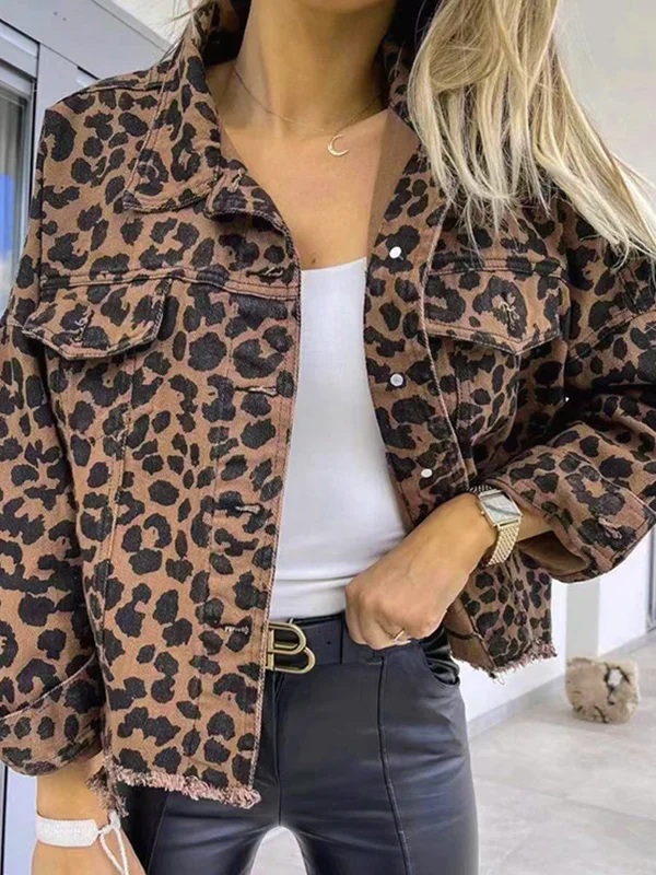 Long Sleeves Loose Buttoned Fringed Leopard Pockets Lapel Outerwear