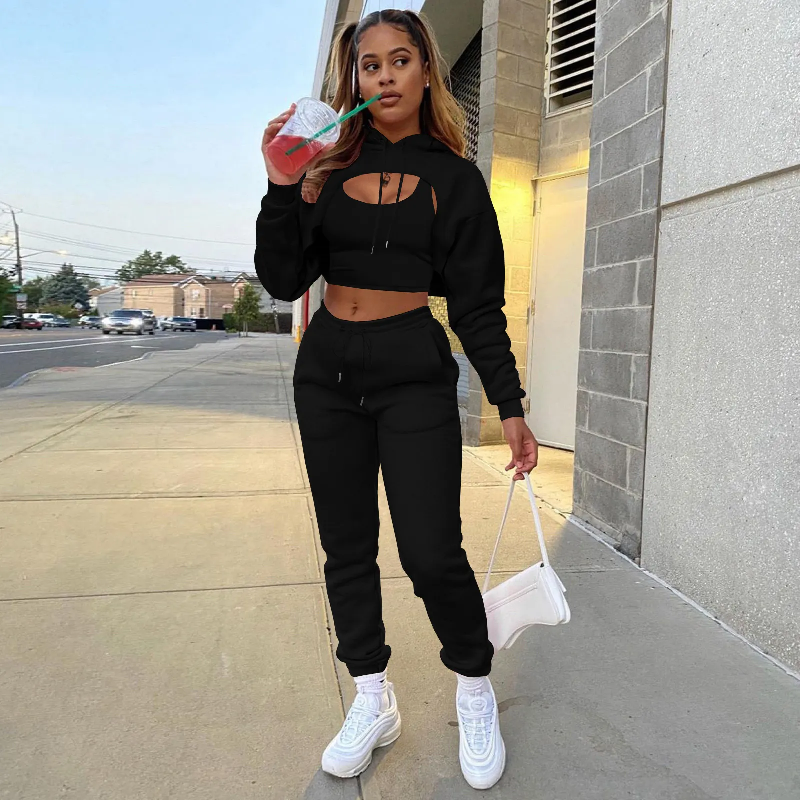 Womens Fashion Fleece Drawstring Solid Hoodies Long sleeve Pant Tank Top Three Piece