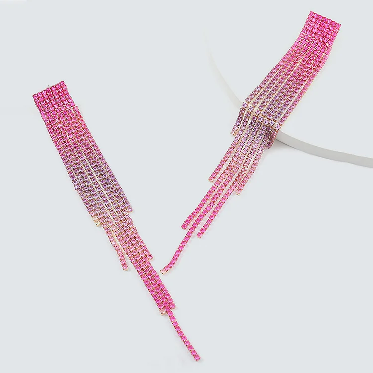 Gradient Fringe Rhinestone Earrings-Pink