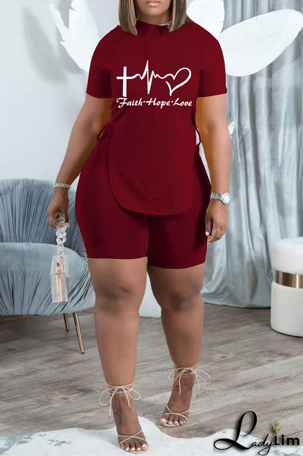 Khaki Fashion Casual Print Bandage Slit O Neck Short Sleeve Two Pieces