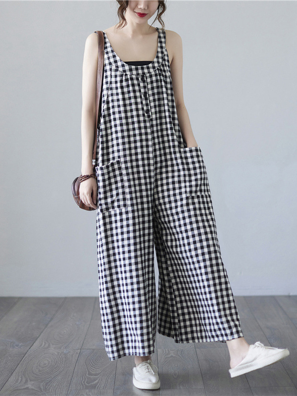 Original Simple Casual Artistic Retro Plaid Wide Legs Jumpsuits