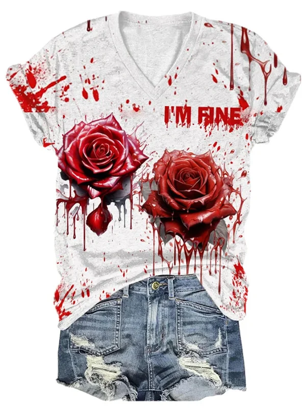 Halloween Bloody Rose I'm Fine Print V Neck Short Sleeve Tees