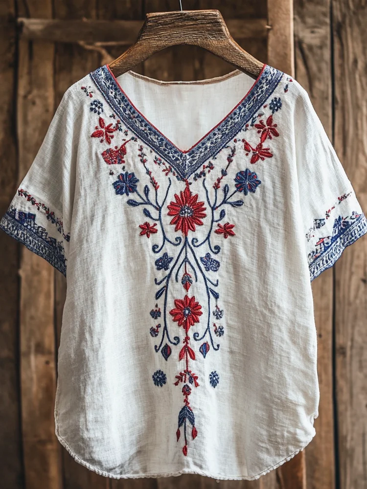 Vintage Floral Embroidery Women's Linen V-neck Shirt