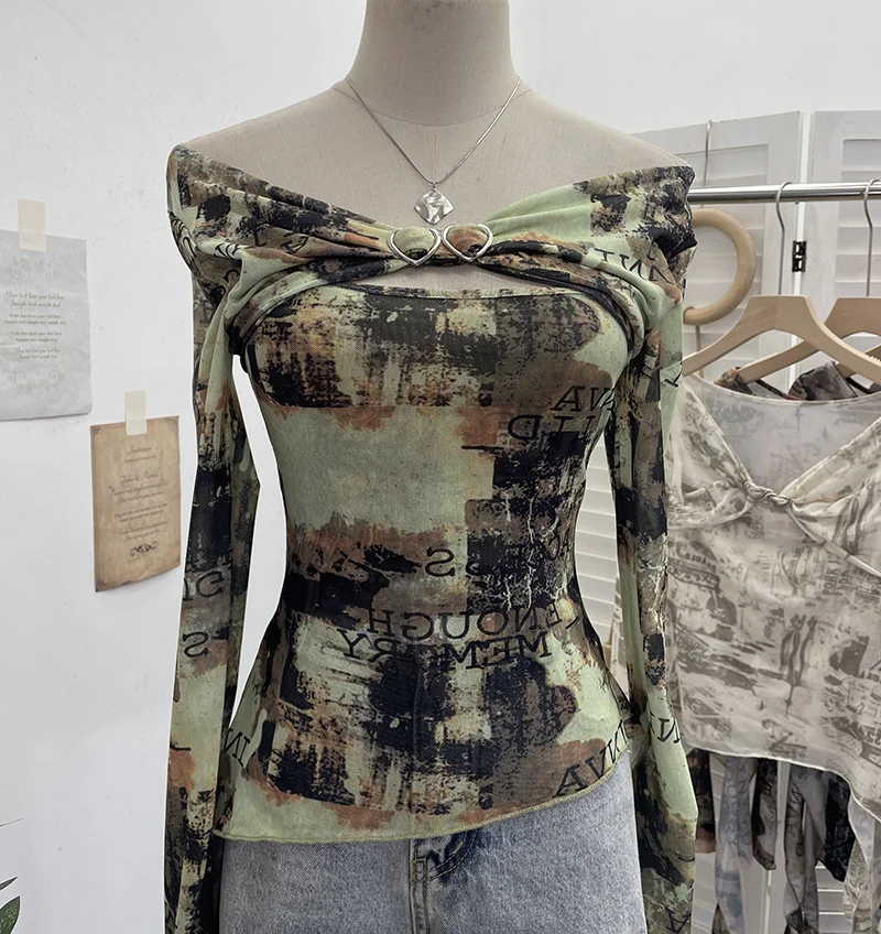 Nigikala Nigikala Shooting Strapped With Hollow Retro Print Long-Sleeved Mesh T-Shirt Ribbon Design Spring And Summer Top 1195